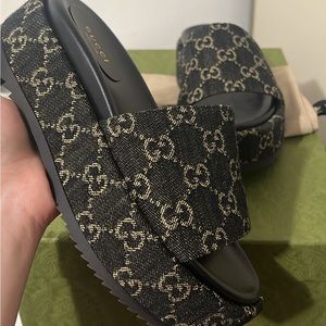 Gucci Angelina Platform 55mm Sandals in Black Jacquard Denim